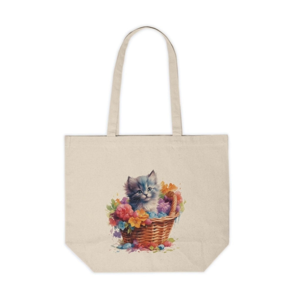 Floral Cat in a Basket Custom Canvas Tote Bag